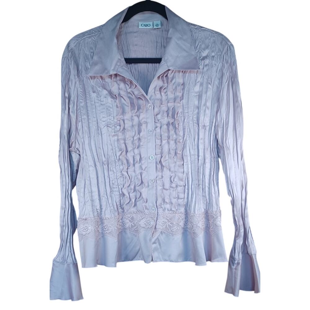 Cato Pink Satin Ruffle Blouse XL Crinkle Texture Lace Hem Wedding Romantic Top - Picture 2 of 8